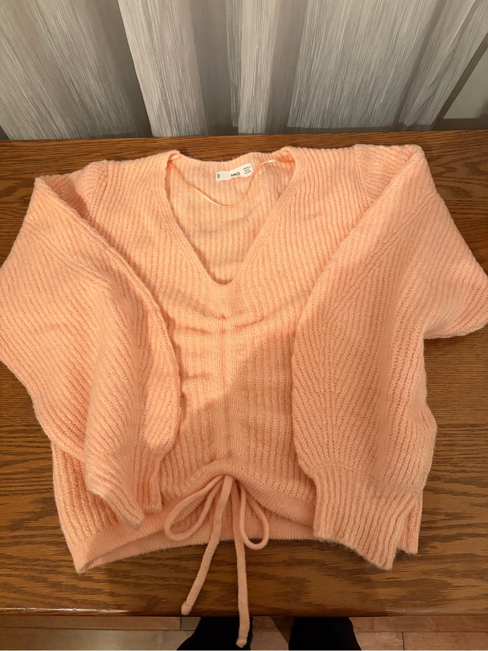 Mango Peach V-Neck Drawstring Knit Sweater
